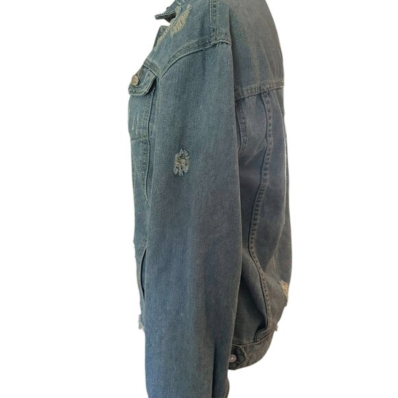 Womens Wash Distressed Ripped Destroyed Denim Jean Jacket Frayed Large 2 - Picture 11 of 13